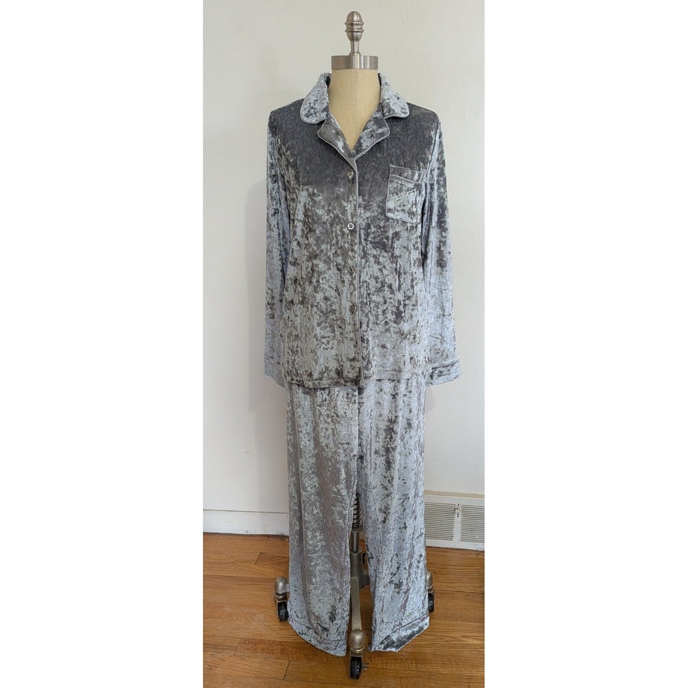Nicole Miller Gray Velvet 2 Pc Pajama Set Women's Button Shirt & Pants Medium